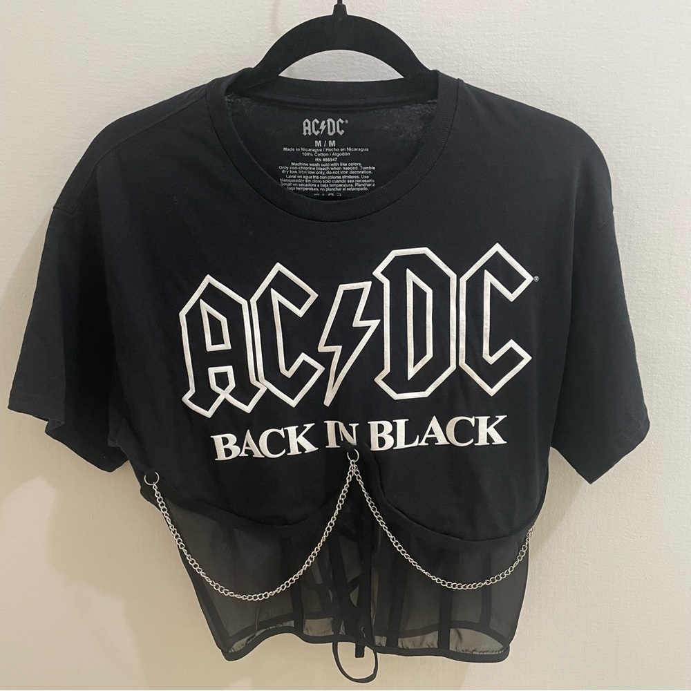 AC/DC Black Crewneck Graphic Tee with White Logo Handmade Corset M